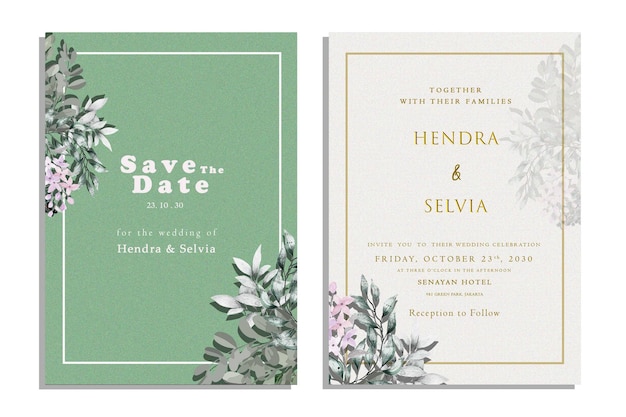 Wedding invitation, floral invite thank you, rsvp modern card design green tropical palm green  psd