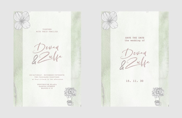 PSD wedding invitation frame set flowers leaves mess and watercolor minimal psd