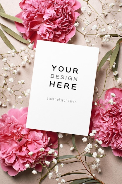 PSD wedding invitation or greeting card mockup with pink peony flowers gypsophila and eucalyptus