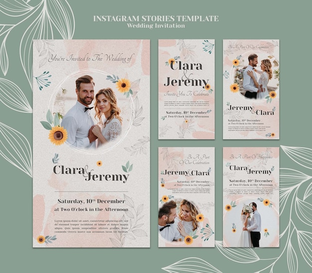 Wedding invitation instagram stories collection with couple and flowers