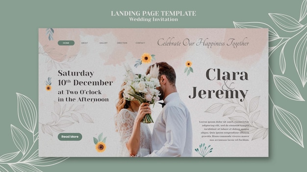 Wedding invitation landing page template with couple and flowers