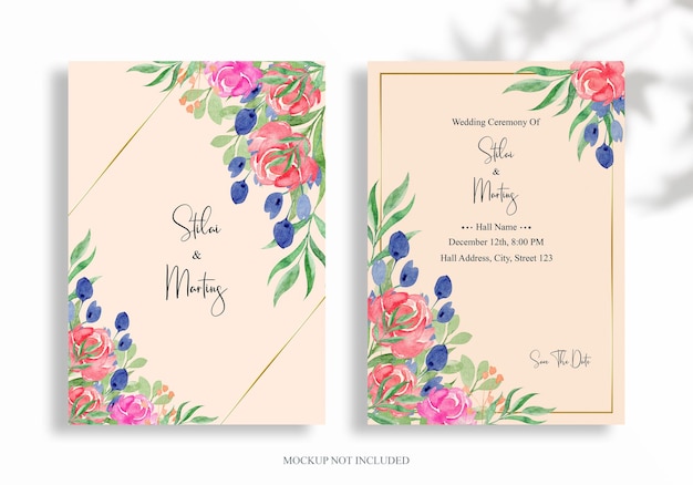 Wedding invitation or menu card watercolor floral design psd