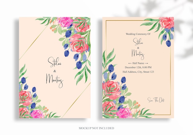 Wedding Invitation or menu card watercolor floral design PSD