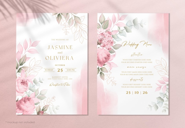 PSD invito a nozze e modello di menu con bellissime rose e foglie di decorazione