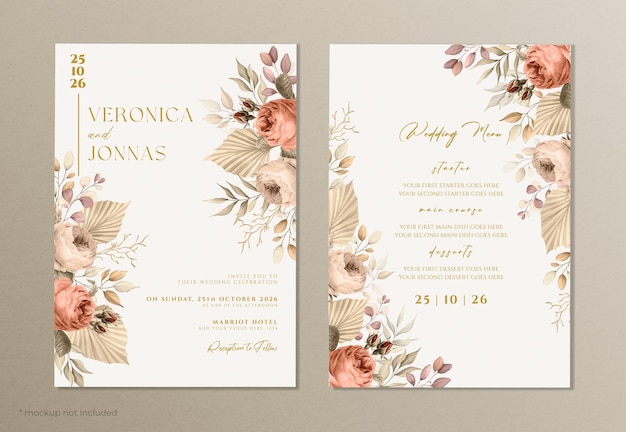 PSD wedding invitation and menu template set with dried floral and leaves decoration