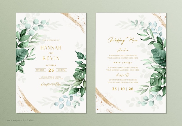 Wedding invitation and menu template with gold brush and leaves decoration