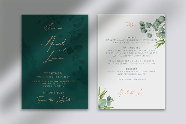 PSD wedding invitation and menu template with luxury green beautiful leaves002