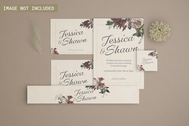 PSD wedding invitation mockup top angle view with several size