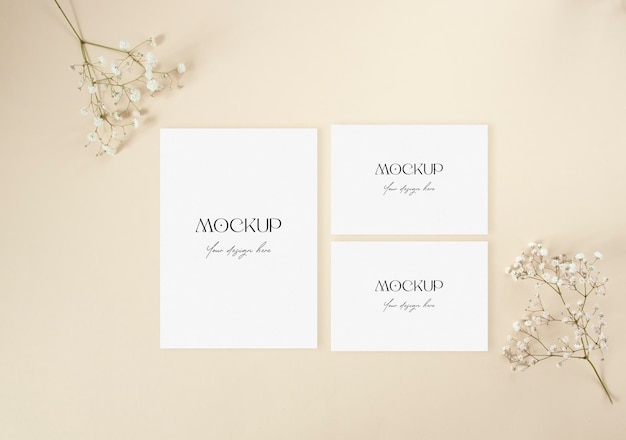 Wedding invitation set mockup with white gypsophila flowers