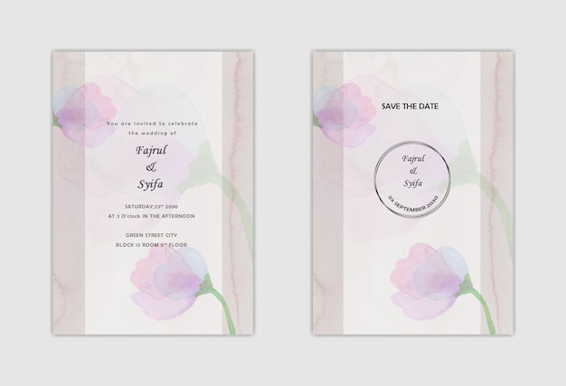 PSD 抽象とピンクの花の水彩画psdで設定された結婚式の招待状