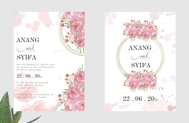 wedding invitation set with abstract and pink flower watercolor background