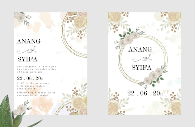 Wedding invitation set with abstract and pink flower watercolor background