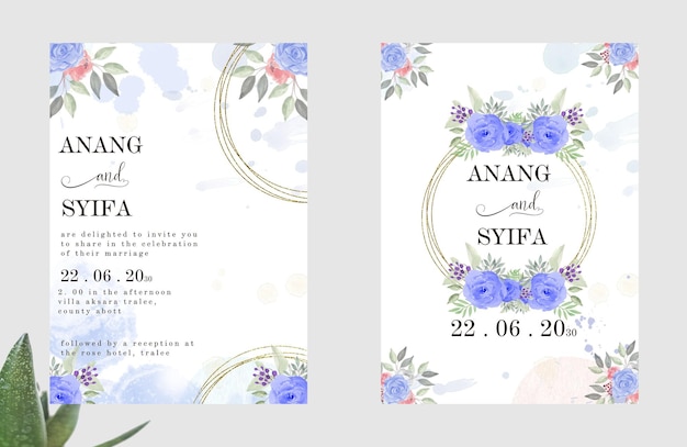 wedding invitation set with abstract and pink flower watercolor background