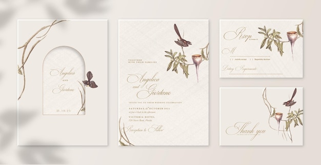 植物画と結婚式の招待状のセット