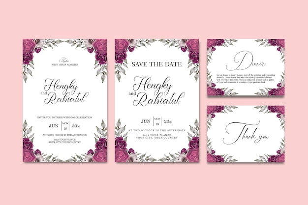 PSD wedding invitation set with flower frame save the date menu and beautiful flowers premium psd