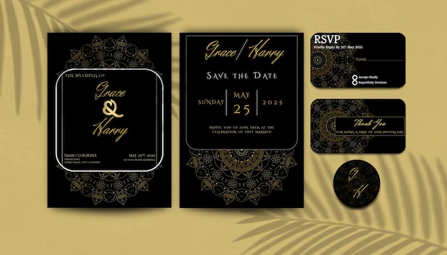 Wedding invitation set with golden mandala