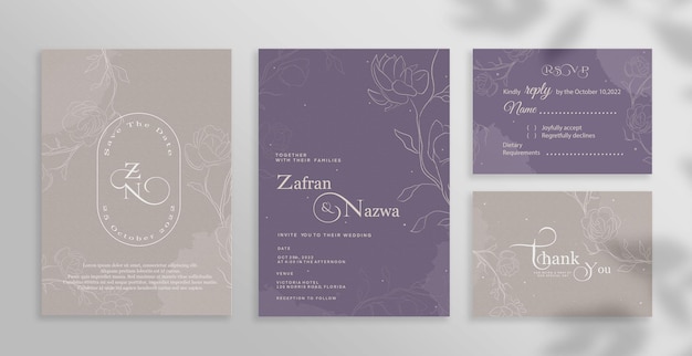 Wedding invitation set with purple background