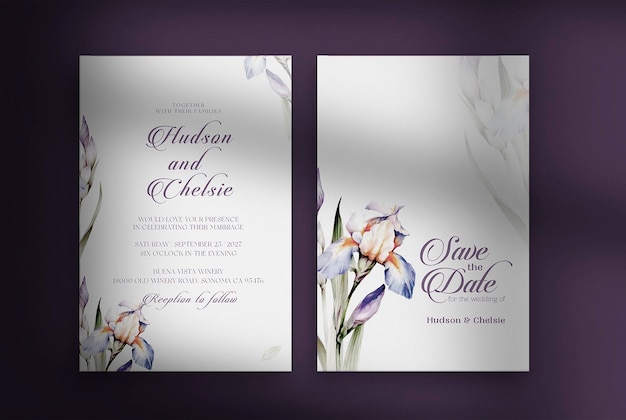 Wedding invitation set with purple beauty flowers