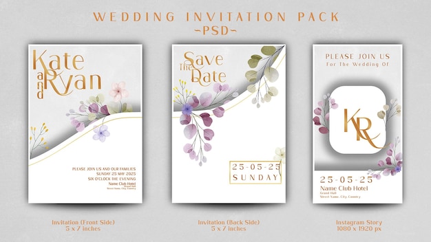 PSD wedding invitation set with yellow flower