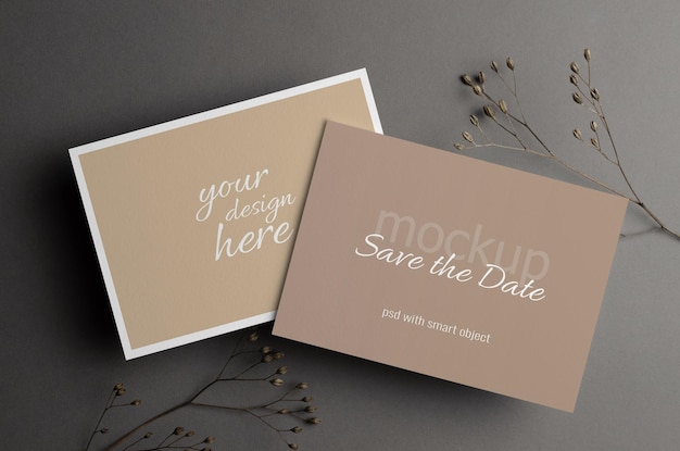 Wedding invitation stationery card mockup with dry twigs front and back sides