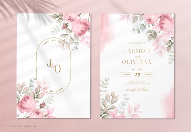 PSD wedding invitation template set with beautiful roses and leaves decoration