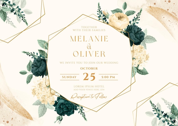 PSD wedding invitation template set with emerald green floral and leaves decoration