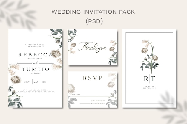 wedding invitation template set with floral frame Premium Vector
