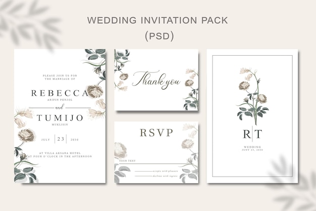 Wedding invitation template set with floral frame premium vector