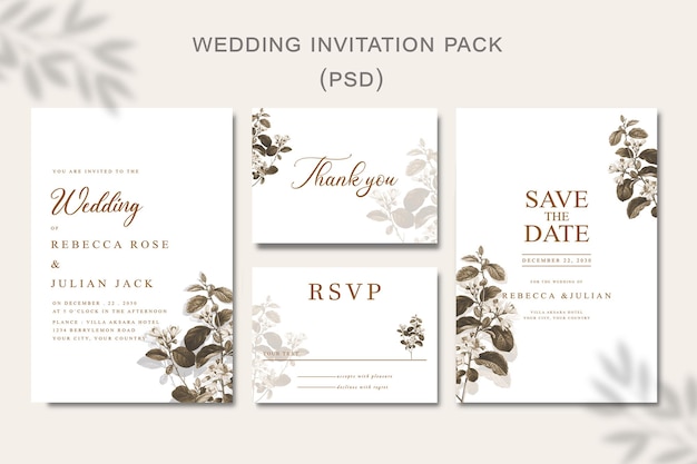 wedding invitation template set with floral frame Premium Vector