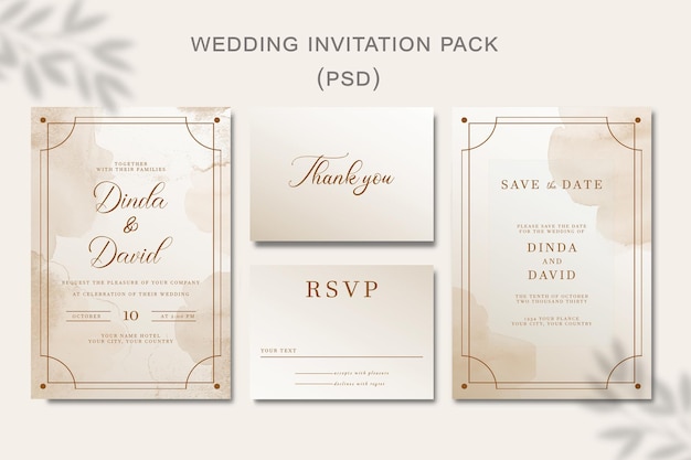 PSD wedding invitation template set with floral frame premium vector