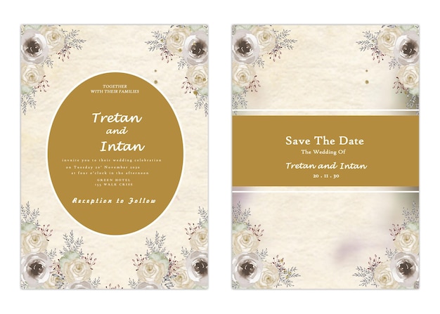 PSD wedding invitation template set with flowers premium vector