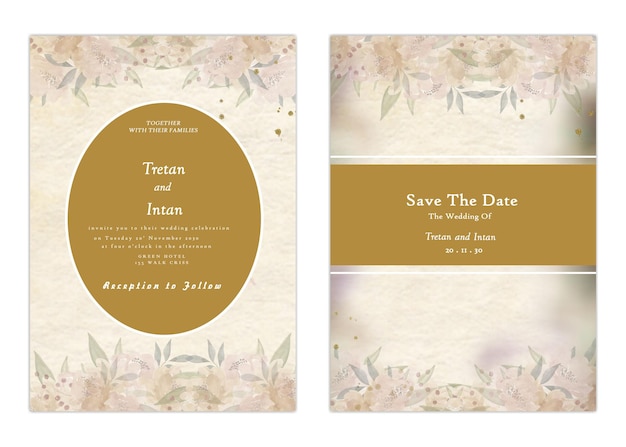 Wedding invitation template set with flowers premium vector