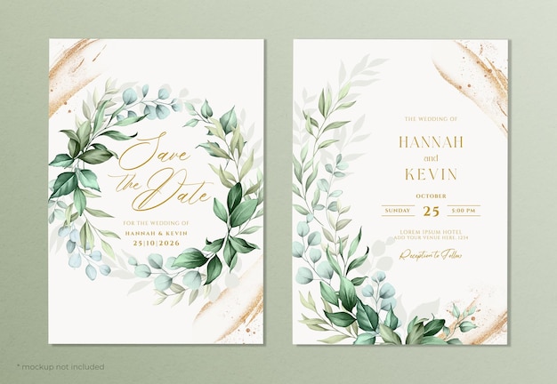 PSD wedding invitation template set with gold brush and leaves decoration