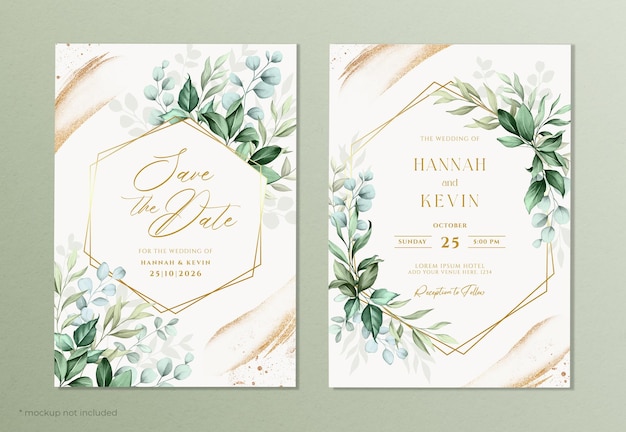 PSD wedding invitation template set with gold brush and leaves decoration