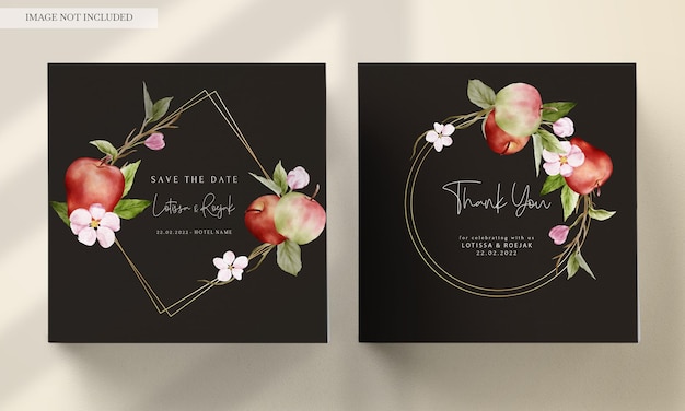 Wedding invitation template set with watercolor apple fruit and floral decoration