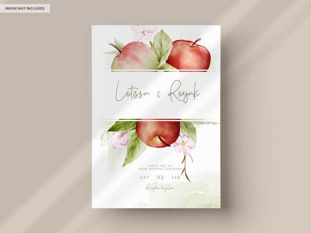 Wedding invitation template set with watercolor apple fruit and floral decoration