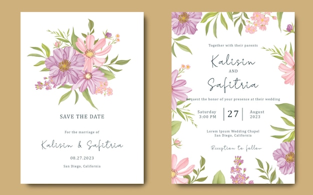 Wedding invitation template set with watercolor flower bouquet