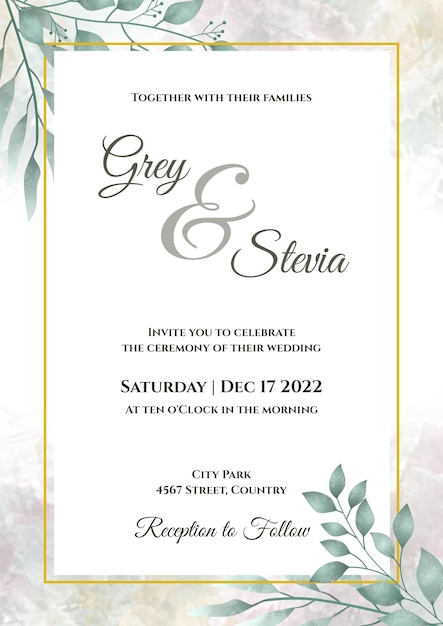 PSD wedding invitation template watercolor hand painted leaf frame