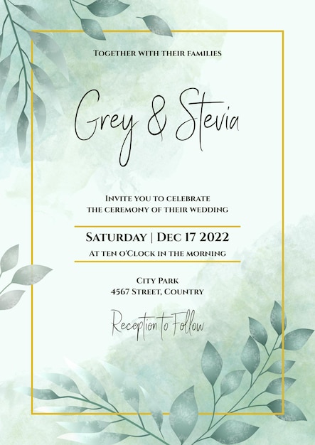 PSD wedding invitation template watercolor hand painted leaf frame