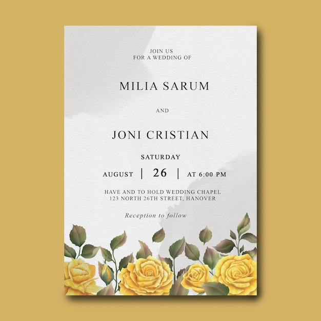 水彩のバラの花束と結婚式の招待状のテンプレート