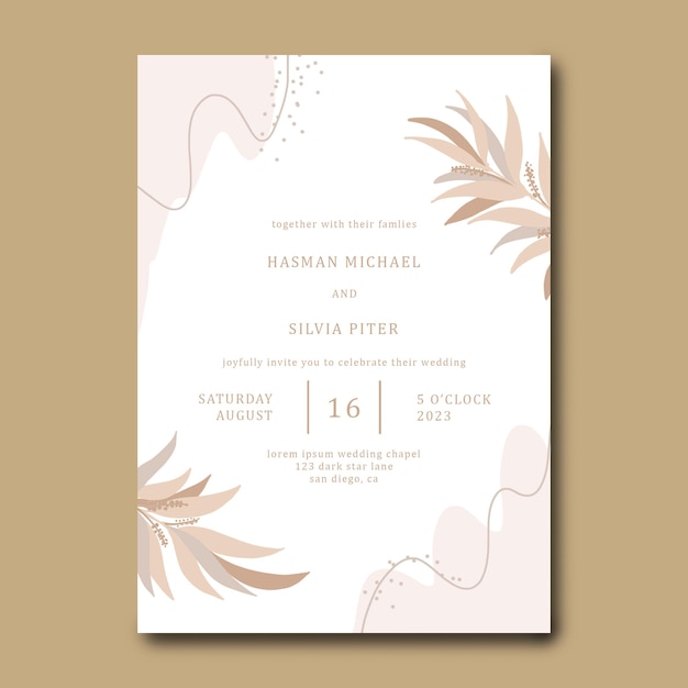 PSD wedding invitation template with abstract background and leaves