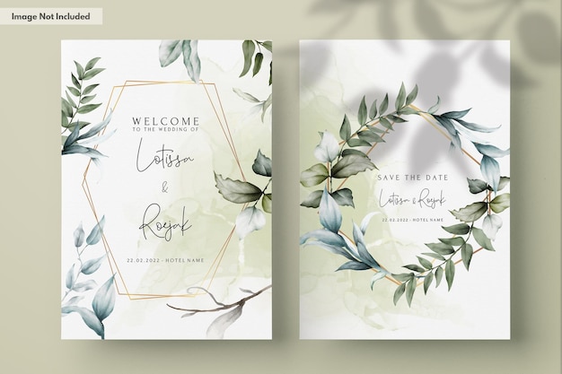 PSD wedding invitation template with beautiful leaves watercolor