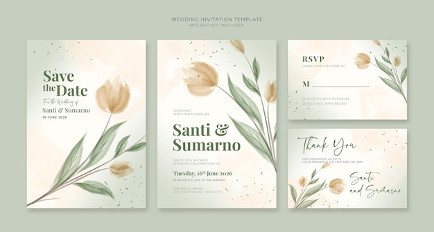 美しい水彩花と結婚式の招待状のテンプレート