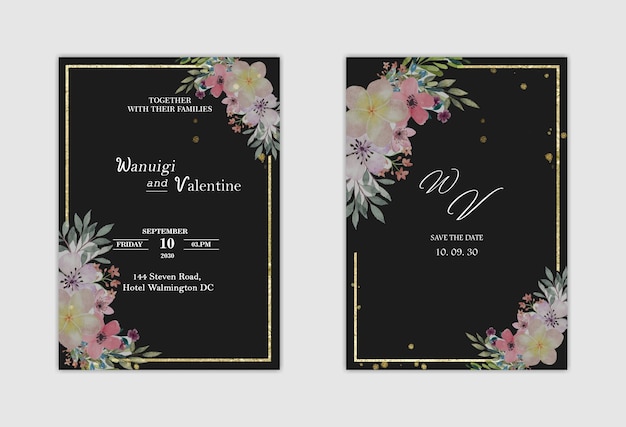 Wedding invitation template with blue flower Premium Psd