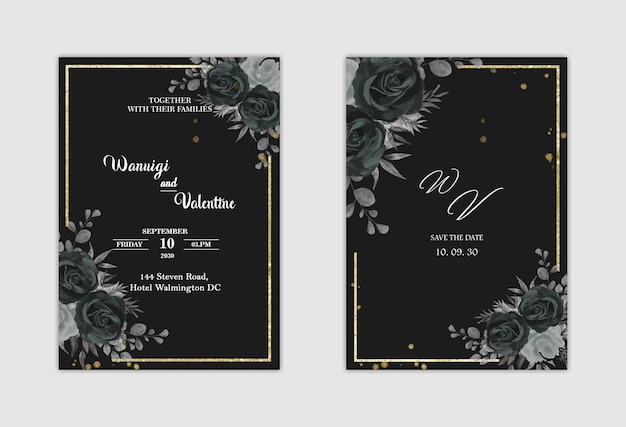 Wedding invitation template with blue flower premium psd