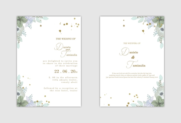 Wedding invitation template with blue flower premium psd