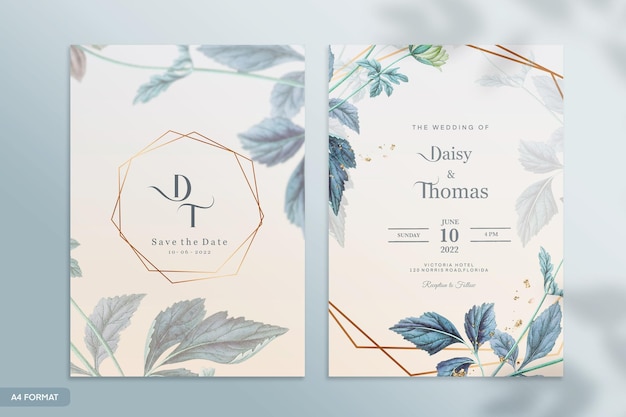 Wedding invitation template with blue flower