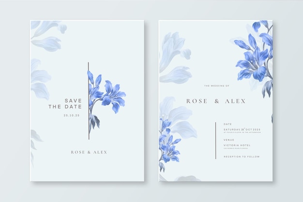 Wedding invitation template with blue flower