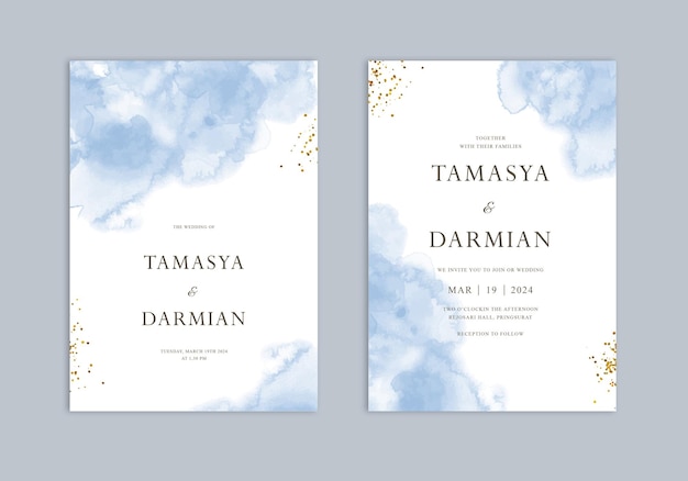 wedding invitation template with blue watercolor splash
