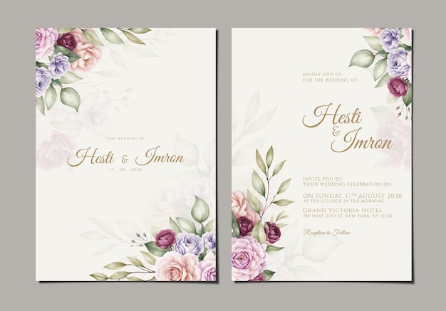 PSD wedding invitation template with bouquet flowers